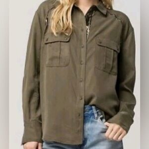 Free People Off Campus Button Down Shirt Sz M Green Metalic